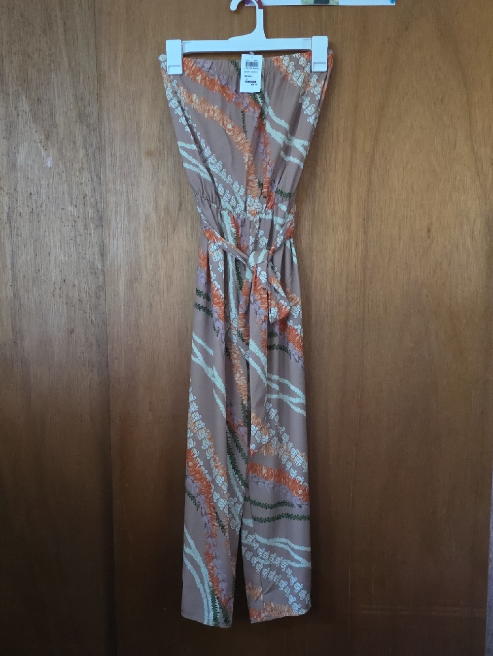 Strapless Taupe Printed Wide-Leg Jumpsuit with Tie Belt